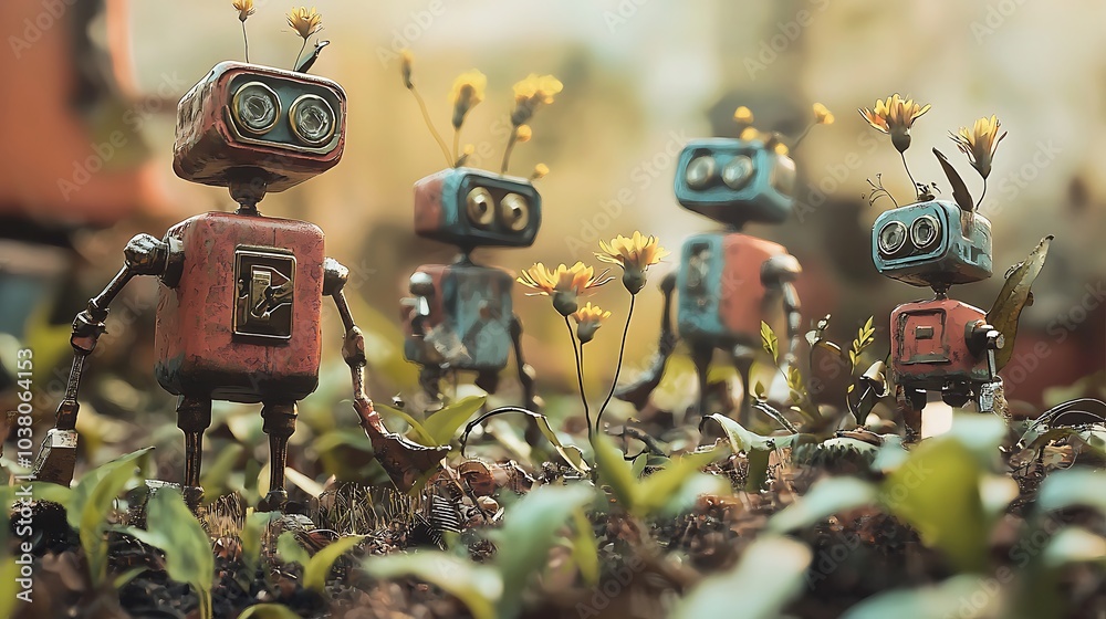 Poster exploring a vibrant ecosystem of robots witnessing the intriguing growth stages of mechanical life f