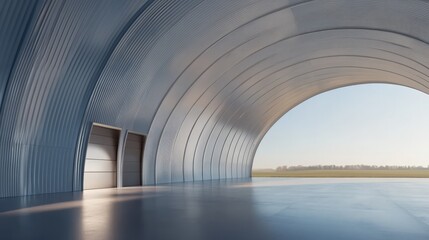 Fototapeta premium Vast Metal Hangar Interior: Sunlit spaciousness of a large industrial hangar, featuring a ribbed metal structure, expansive floor, and large roll-up doors leading to a tranquil.