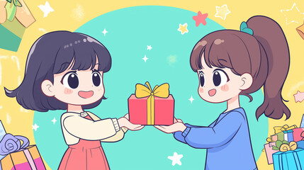 女性が美しく梱包されたギフト商品を受け渡す瞬間を描いています。心温まる贈り物のやり取りは、ショッピングの喜びや感謝の気持ちを表現。特別な日のためのプレゼント交換や、友達へのサプライズギフトとして、心に残る体験を提供します。丁寧に包装された商品は、贈り物の魅力を引き立て、女性同士の絆を深める大切なシーンです。