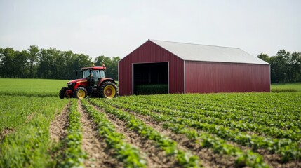 Obraz premium Red Barn Farm Tractor: A vibrant red barn stands proudly amidst a lush green field, a powerful tractor diligently working the land, painting a picturesque scene of agricultural life. 