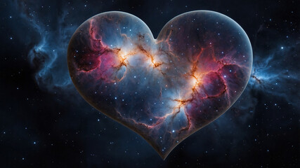 A heart-shaped nebula with vivid colors and bright stars in a stunning cosmic space scene.