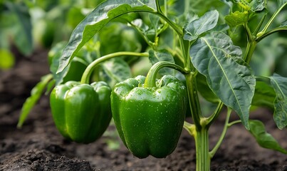 A close-up of green bell peppers growing on plants in a garden, Generative AI