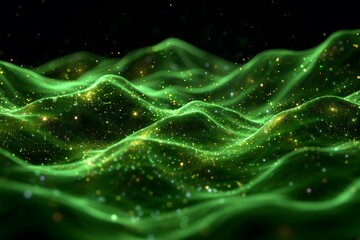 Glowing Abstract Green Hills with Sparkling Lights for Futuristic Design and Digital Art