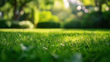 Naklejka premium Close-up of Blurred Green Grass in Garden Setting