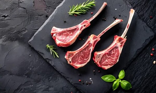 Fresh raw beef steaks with an array of spices, set against a dark background, captured in high-quality culinary photography to highlight their texture and flavor potential