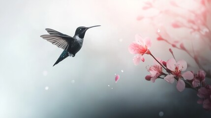 Obraz premium A hummingbird flying next to a flower