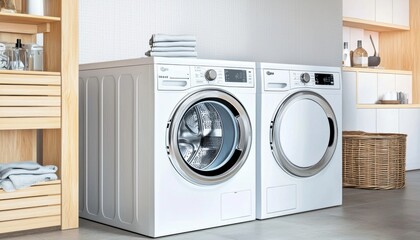 A modern laundry setup featuring a washing machine and dryer, neatly arranged with towels, emphasizing home convenience and functionality.
