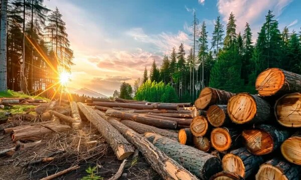 A pile of sawn spruce trunks, freshly cut from the forest, showcasing the logging timber wood industry. The stacked logs highlight the scale and organization of the timber collection.