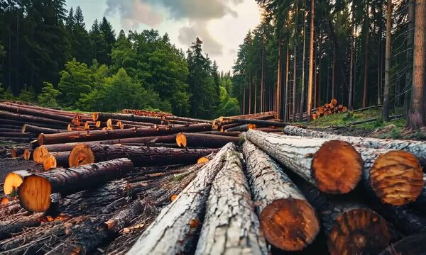 Logs are piled up in the forest. Trees were cut and sawn. The logging industry involves cutting trees for timber used in making wood