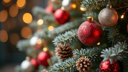 Close-up of Christmas Tree with Ornaments and Pinecones
