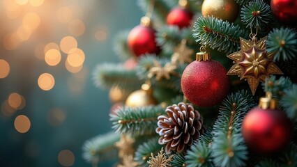 Obraz premium Colorful Ornaments and Pine Cones on a Christmas Tree