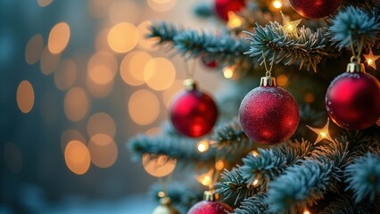 Obraz premium Elegant Red Christmas Baubles on a Cozy Evergreen Tree