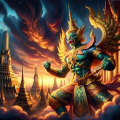 Fierce Thai Yaksha Guardian: A Mythical Giant in Ornate Golden Armor Wielding a Staff, Surrounded by Swirling Clouds and Towering Temple Spires Against a Glowing Sunset
