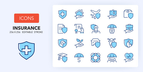 Line icons about insurance and protection concepts. Contains such icons as retirement, medical insurance, policy and more. 256x256 Pixel Perfect editable in two colors