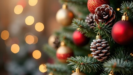 Close-up of a Christmas tree adorned with ornaments and pinecones
