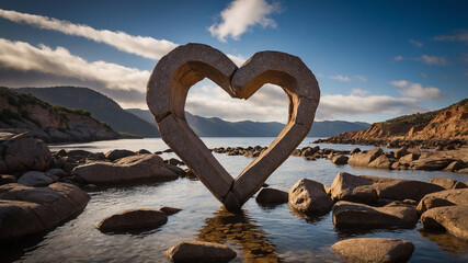Fototapeta premium Heart-shaped stone sculpture in serene waters with scenic mountain backdrop and cloudy sky. Nature's art.