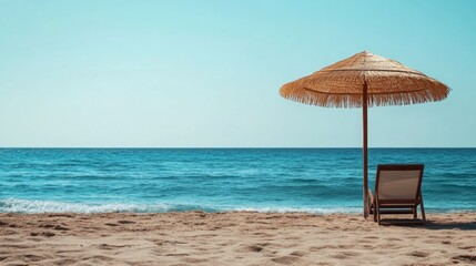 A deckchair with a straw parasol