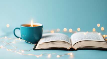 Fototapeta premium cozy winter scene featuring open book beside steaming cup of coffee, surrounded by warm fairy lights. This inviting setup creates perfect atmosphere for relaxation and reading