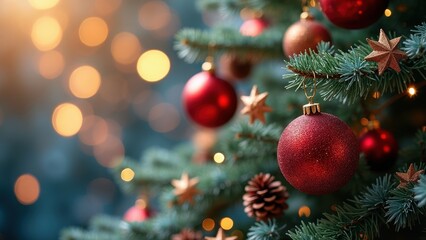 Obraz premium Festive Christmas Tree with Red Ornaments and Pinecones
