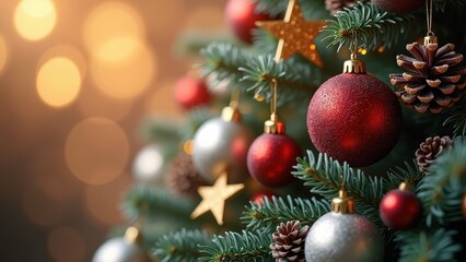 Obraz premium Beautifully Decorated Christmas Tree with Red and Silver Ornaments