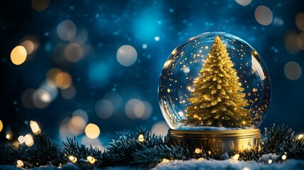 A Golden Christmas Tree Encased in a Glass Globe with a Snowy Base and Blurry Lights