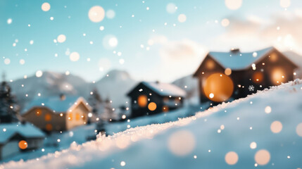 Fototapeta premium Cozy holiday homes glowing in snowy Christmas setting create magical winter atmosphere. soft snowfall adds to serene beauty of scene, inviting warmth and joy
