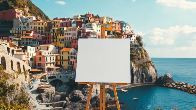 Blank canvas mockup on easel set against the backdrop of cinque terre italian town, perfect for art related content and workshops.