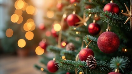 Close-up of a Christmas Tree with Red Ornaments and Shiny Baubles