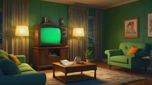 90s style family room with green sofa and tube TV with green screen on wooden sideboard