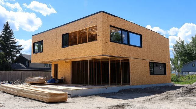 Building construction of wooden frame house made of SIP structural insulated panels. OSB oriented strand board, EPS expanded polystyrene. Energy-efficient eco-friendly green Canadian technology