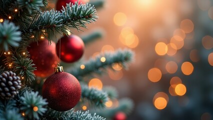 Obraz premium Close-Up of a Decorated Christmas Tree with Red Baubles