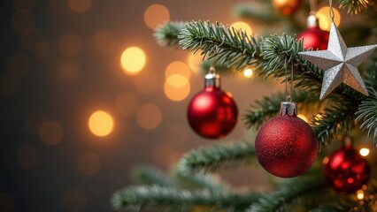Close-up of Christmas Ornaments on a Tree with Bokeh Lights