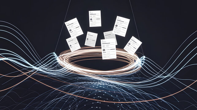 Abstract lines of light forming a vortex that pulls in floating financial reports, symbolizing data consolidation and strategy refinement. ( Business Concept )