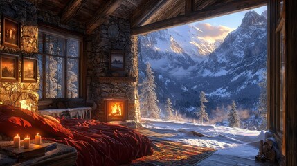 Cozy Mountain Cabin Interior in Winter Landscape