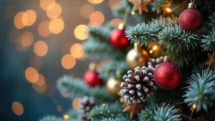 Obraz premium Elegant Christmas Tree Decorations with Ornaments and Lights