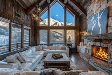 A cozy living room with large windows showcasing a mountain view, featuring a fireplace and comfortable seating.