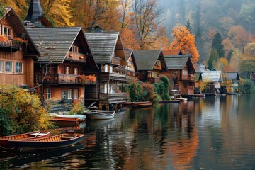 Obraz premium Scenic lakeside village with autumn foliage reflecting in calm waters.