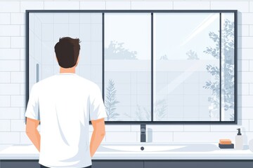Fototapeta premium A man stands in a modern bathroom, gazing at a large mirror reflecting a serene outdoor view with plants.