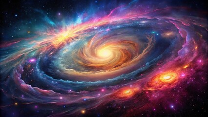 A mesmerizing cosmic dance of swirling celestial bodies, painting the vast expanse of space with vibrant hues of blue, orange, and magenta.