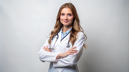Happy Young Doctor Girl Standing in Solid Background