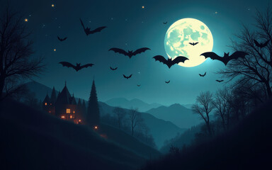 A bat colony flying over the village castle on a full moon night