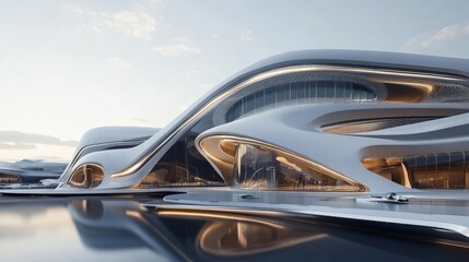 Obraz premium Fluid Architecture: Modern Parametric Design. A breathtaking architectural rendering of a futuristic building, showcasing its sleek, flowing curves and innovative design.
