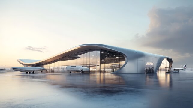 Futuristic Airport Terminal: A sleek and modern airport terminal design with a captivating wave-like structure, bathed in the warm glow of dawn.