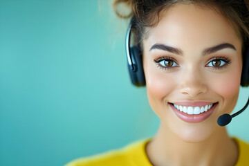 Naklejka premium Happy young woman with headphones smiling, relaxed and positive vibe, modern technology, remote work concept