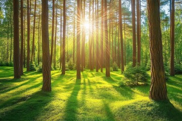 sun rays through the forest high land