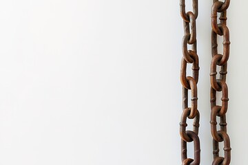 Fototapeta premium Rusty chains hanging on white wall space.