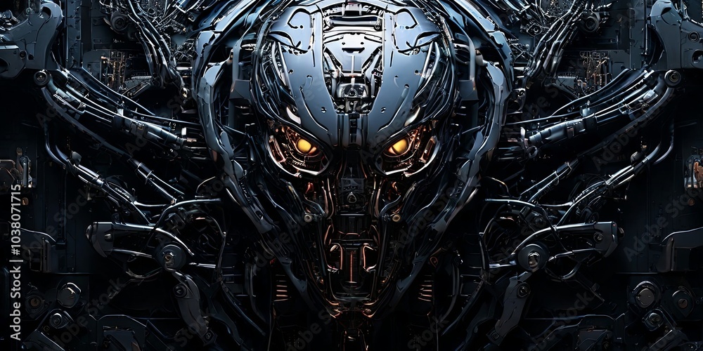Poster a close up of a robot head with a yellow eye