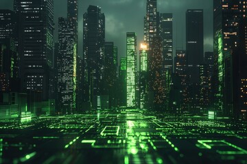 Obraz premium A futuristic cityscape illuminated by green lights, showcasing towering skyscrapers and a digital landscape.
