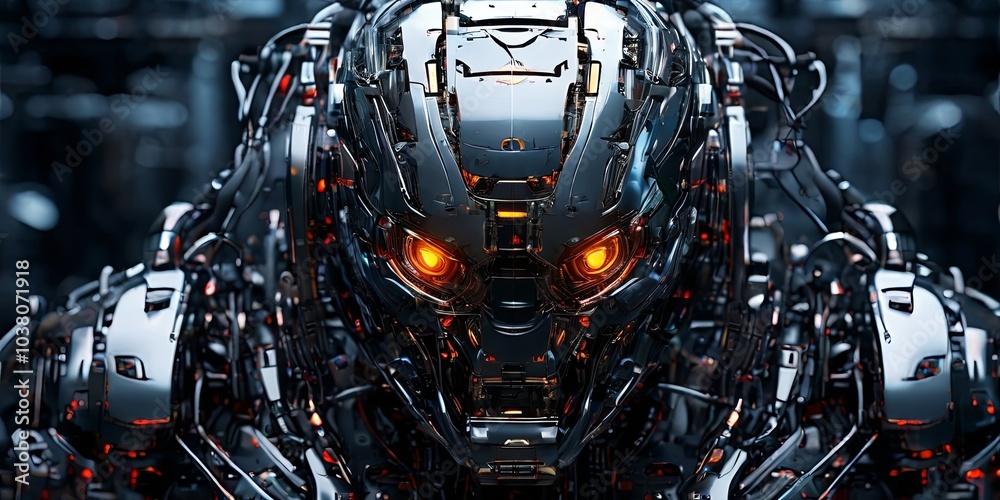 Poster a robot head with glowing eyes and a metallic appearance