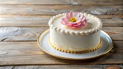 A Simple White Cake with Delicate Flower Decoration, Elegantly Presented on a White Plate with a Gold Trim, Resting on a Rustic Wooden Surface